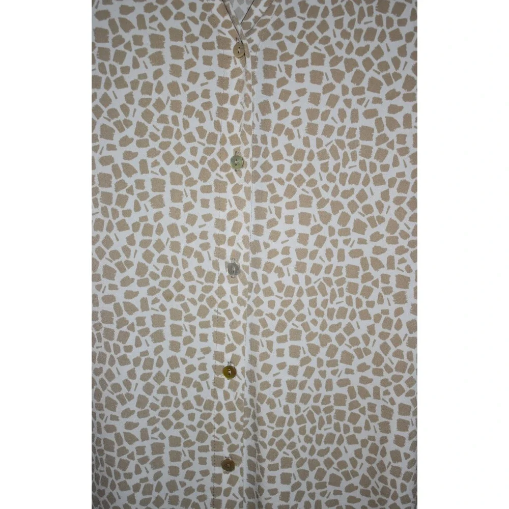 Susan Graver XL Stretch Blouse Button Front Mosaic Print 3/4 Sleeve Tan White - Picture 4 of 16